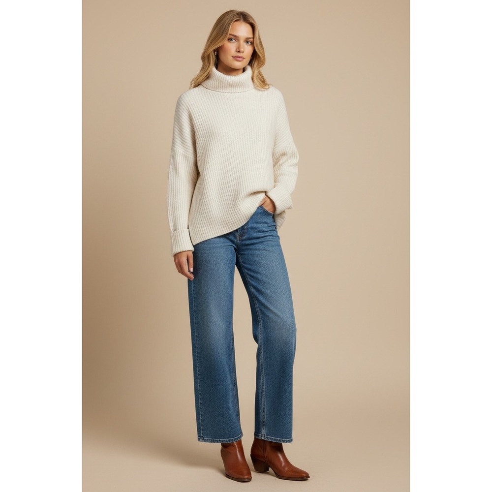 HSTYLE Cream Chunky Oversized Small Ribbed Knit Turtleneck Oversized‎ Sweater